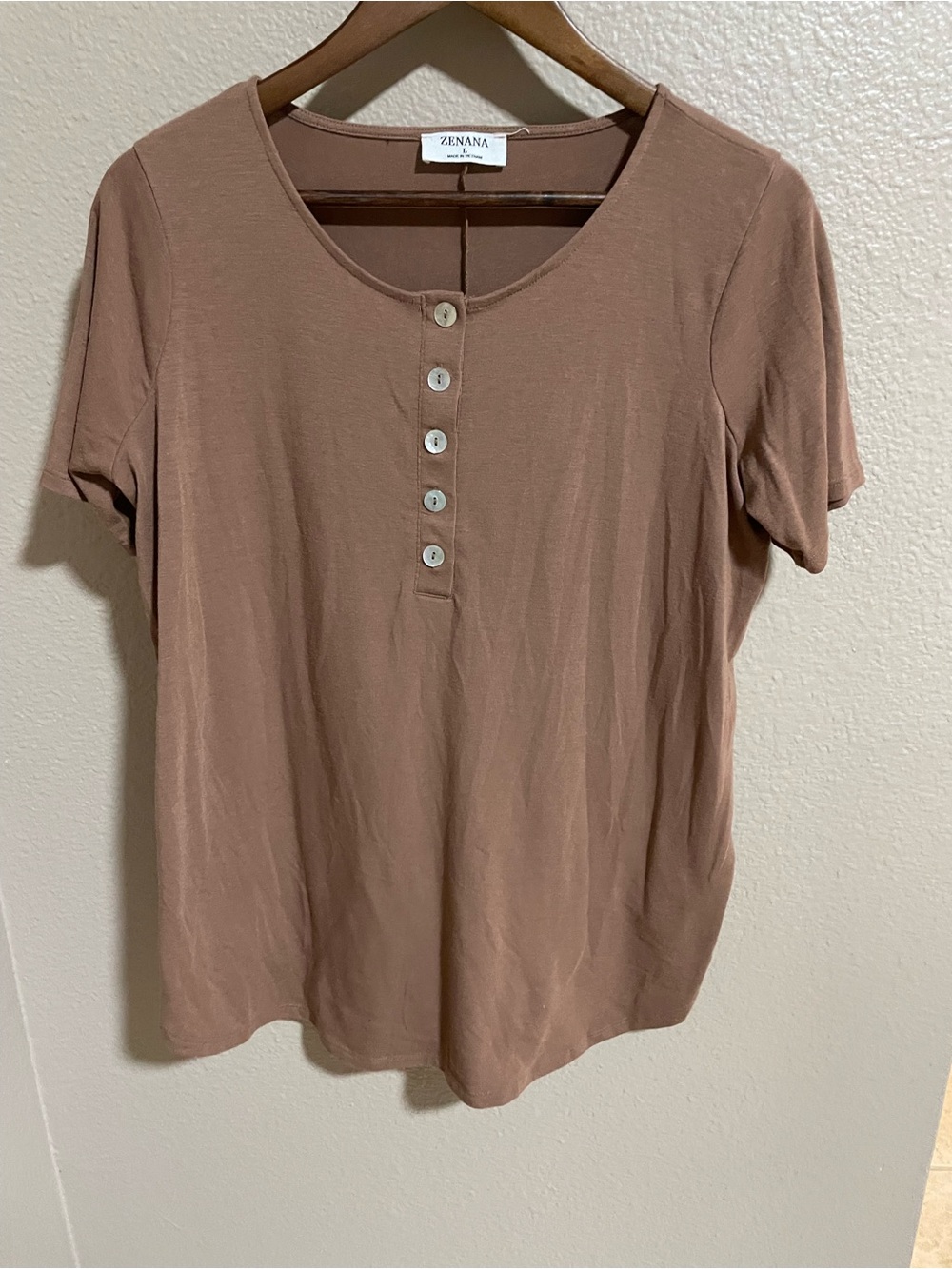 Zenana Outfitters Short Sleeve Henley Top in Brown